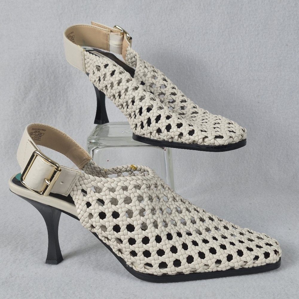 Zara Cream Woven Slingback Heeled Mules with Black Heel